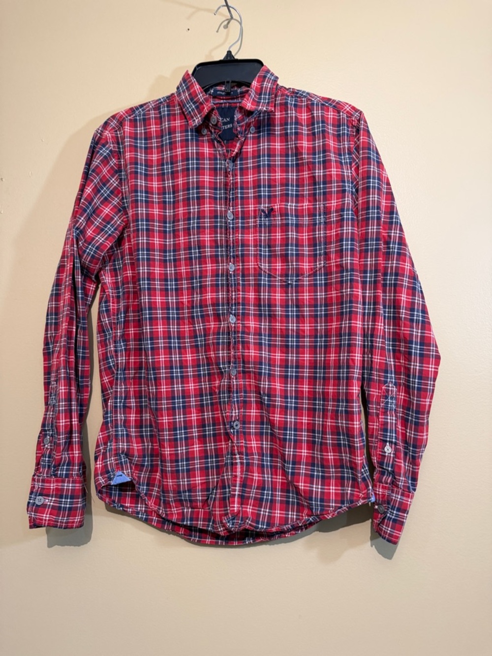 Abercrombie & Fitch Red and Navy Plaid Button-Down Shirt